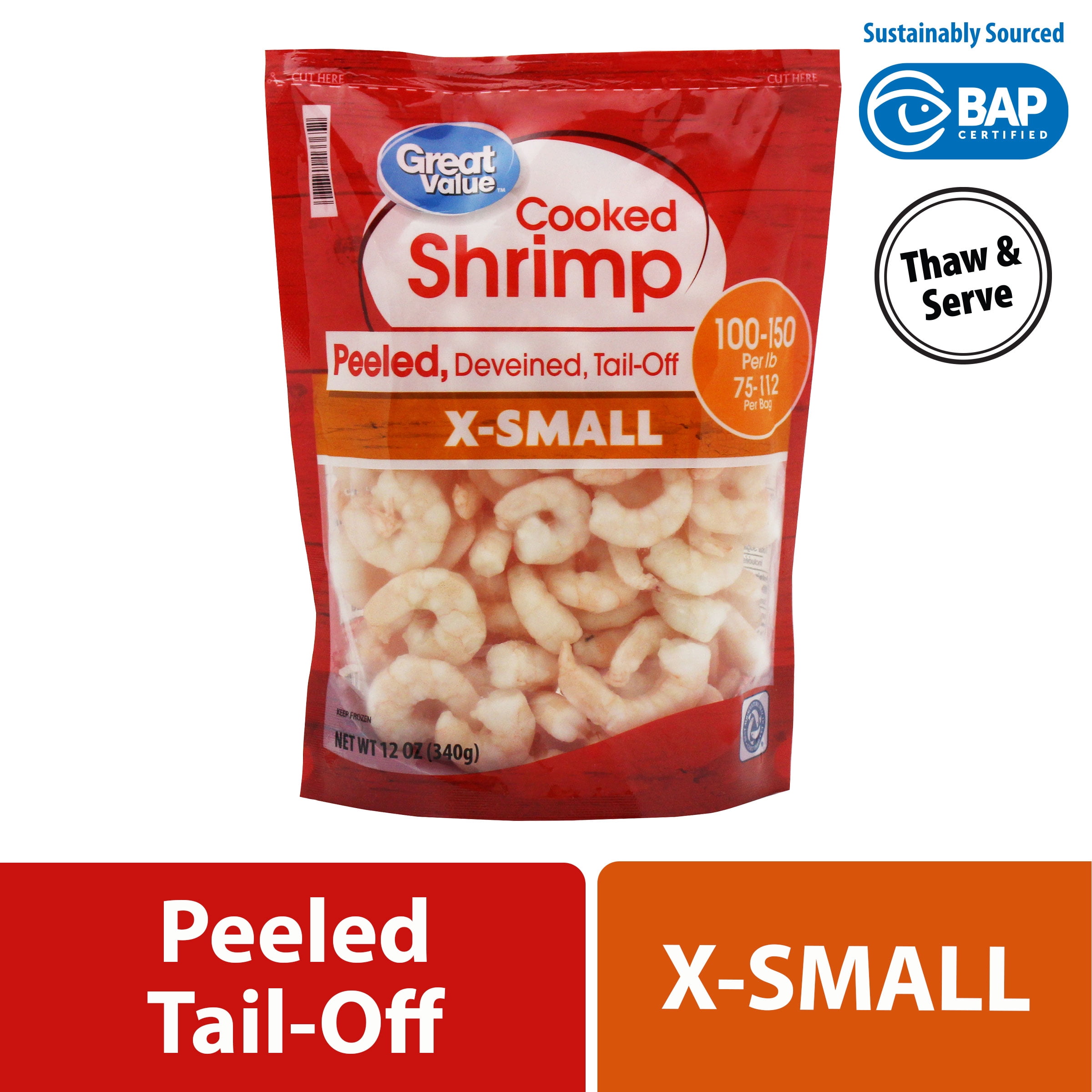 Great Value Frozen Cooked Extra Small Peeled & Deveined, Tail-off Shrimp, 12 oz (100-150 Count per lb)