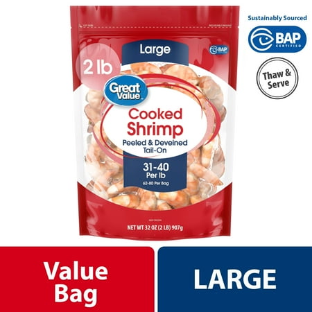 Great Value Frozen Cooked Large Peeled Deveined Tail-on Shrimp, (31-40 Count per lb), 2lb, Value Bag, Contains Shellfish
