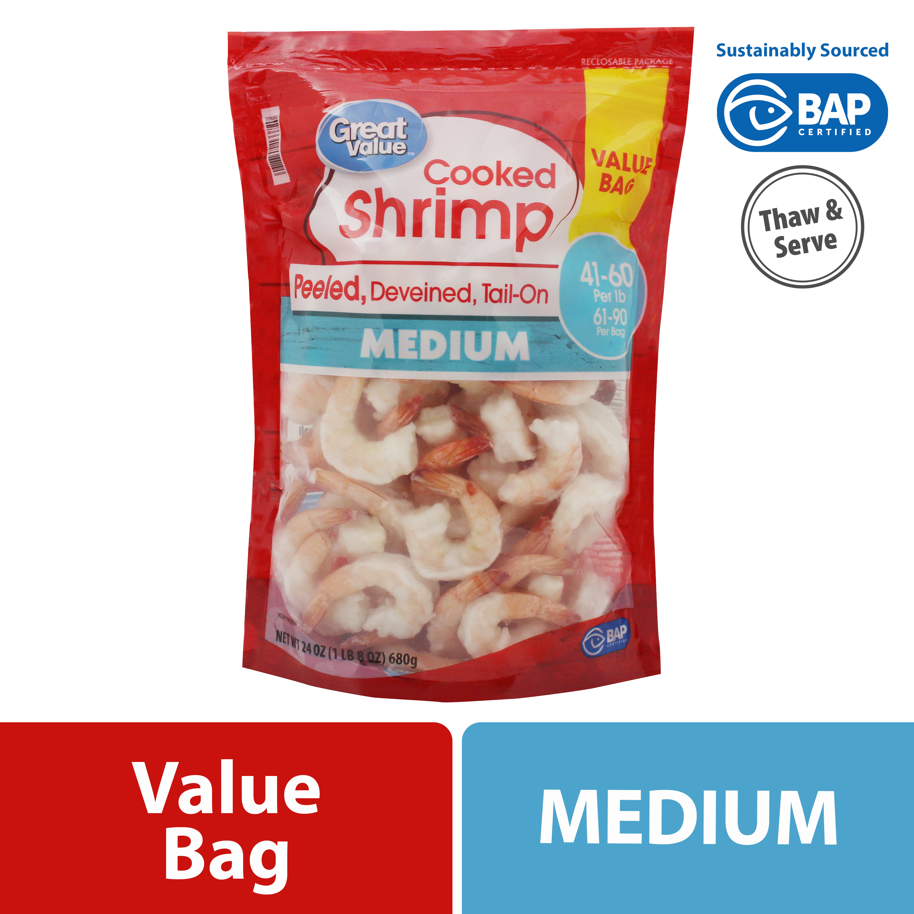 Great Value Frozen Cooked Medium Peeled Deveined Tail-On Shrimp, 24 oz Bag (41-60 count per lb) - image 1 of 10