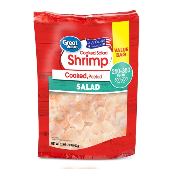 Great Value Frozen Cooked Peeled, Tail-off Salad Shrimp, 32 oz Bag (250-350 Count per lb)