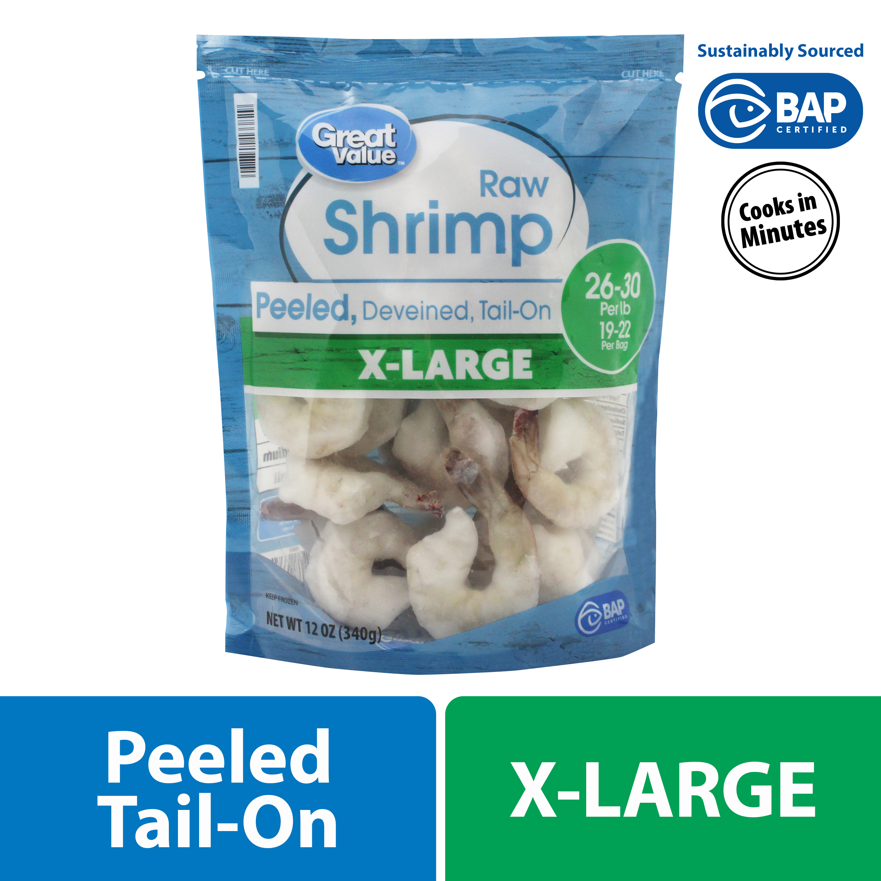 Great Value Frozen Peeled Tail on Extra Large Shrimp, 12 oz (26-30 Count per lb) - image 1 of 5