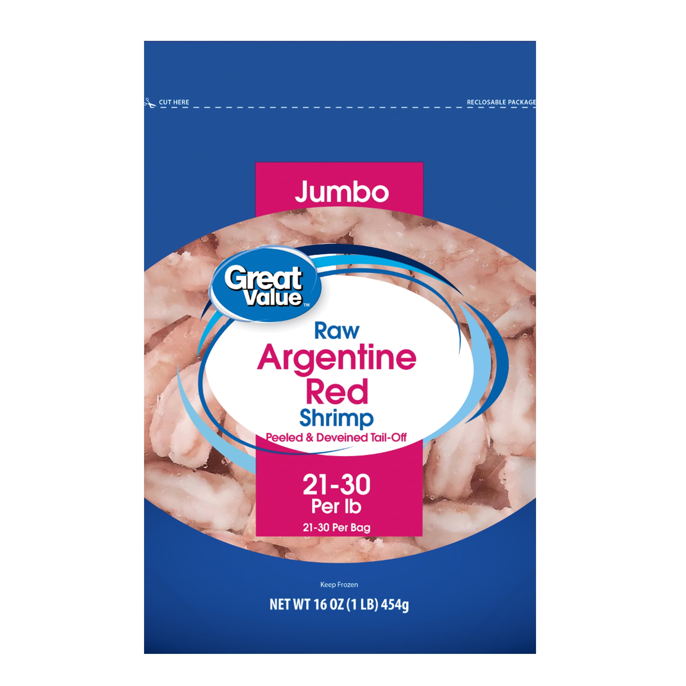 Great Value Frozen Raw Argentine Red Shrimp, Peeled and Deveined, Tail-off. 21-30 Ct. per 1 lb. Bag. 11g Protein per 4 oz. (113g) Serving.