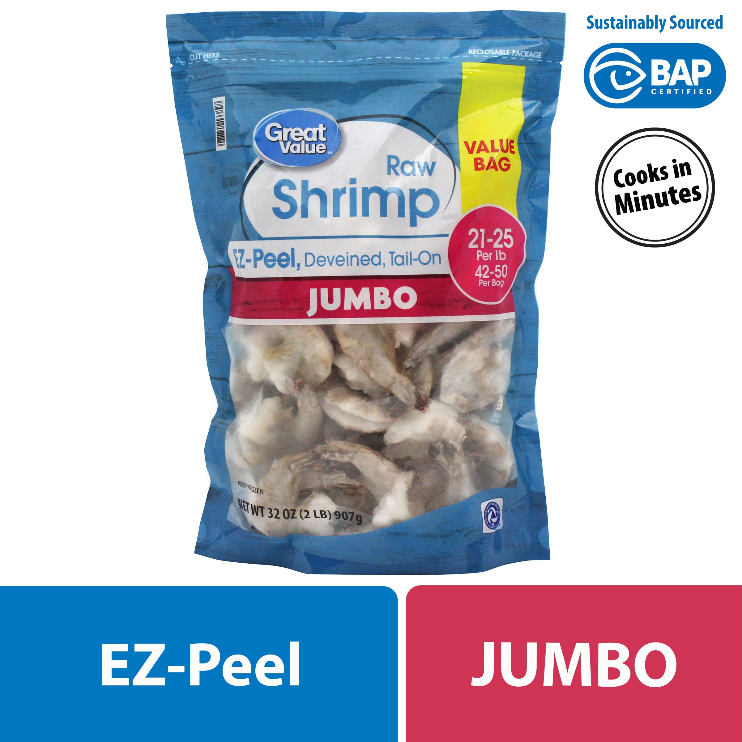 Great Value Frozen Raw Jumbo Shell On Tail On Easy Peel Shrimp 32 Oz