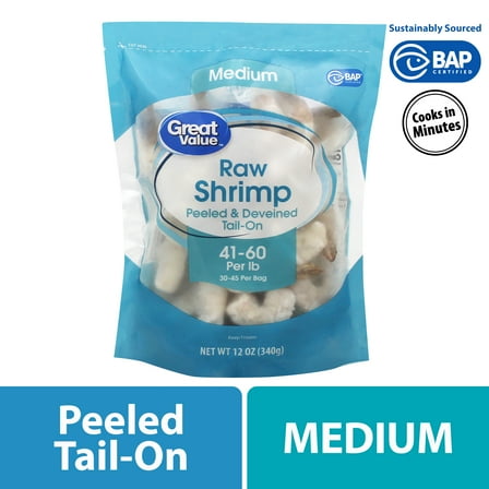 Great Value Frozen Raw Medium Peeled Deveined Tail-on Shrimp, 12 oz (41-60 Count per lb)