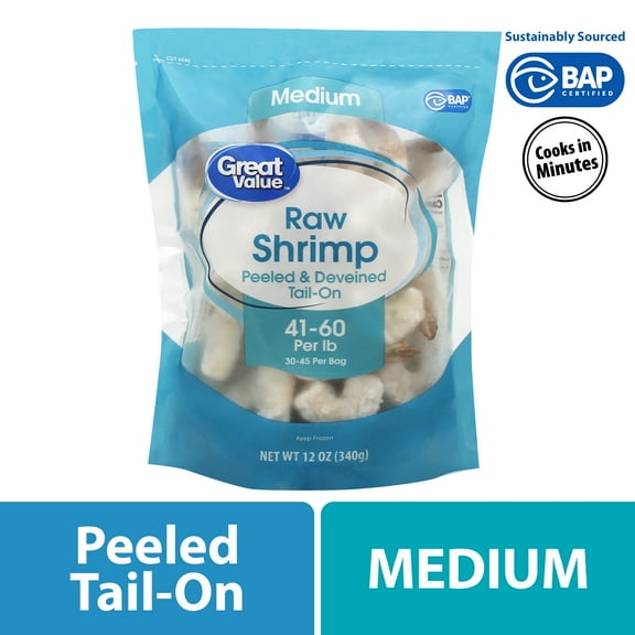 Great Value Frozen Raw Medium Peeled Deveined Tail-on Shrimp, 12 oz (41-60 Count per lb)