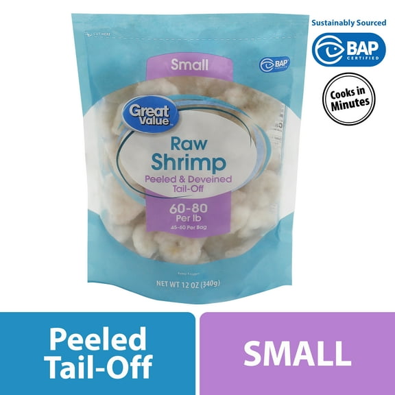 Great Value Frozen Raw Small Peeled & Deveined, Tail-off Shrimp, 12 oz Bag (60-80 Count per lb)