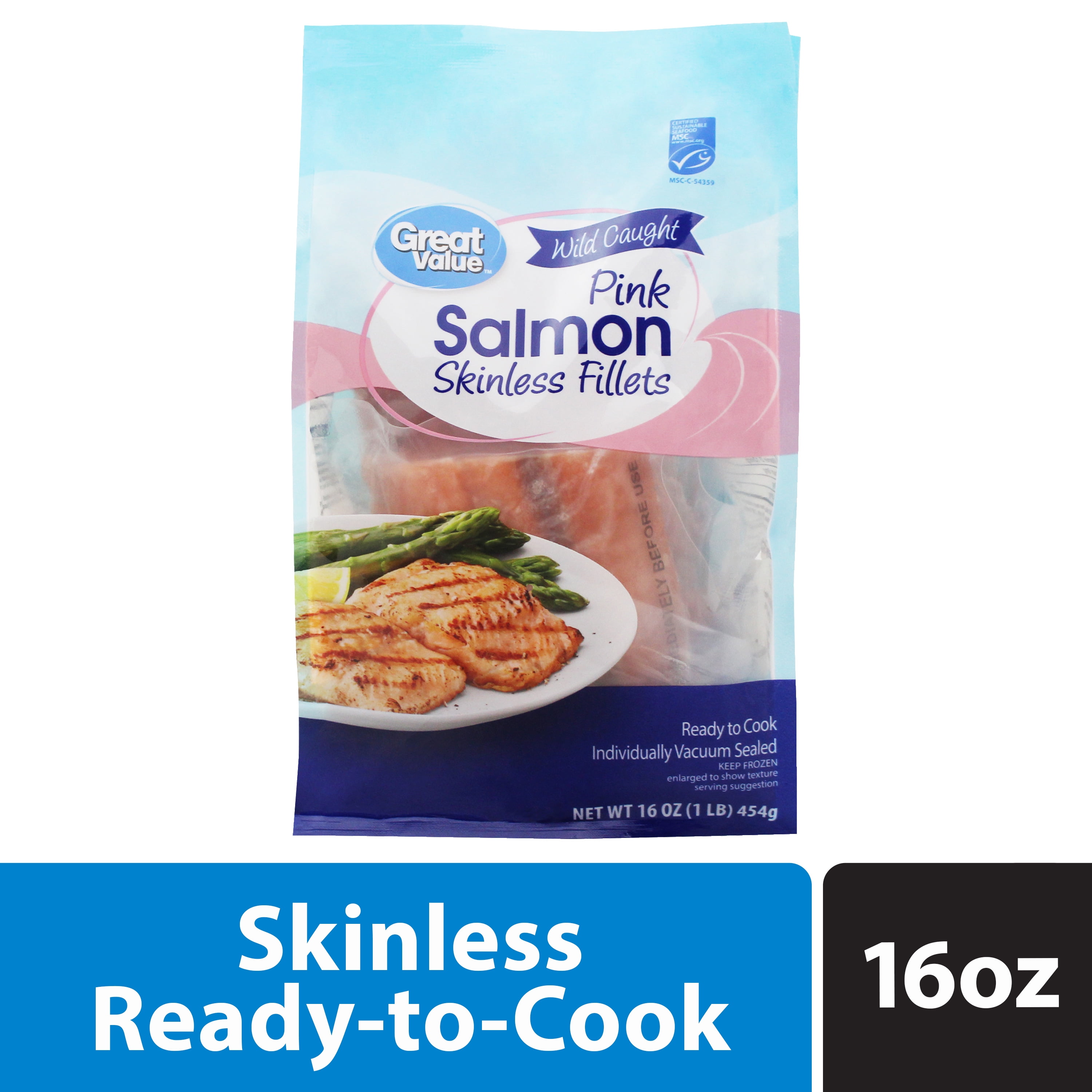 Great Value Frozen Raw Wild Caught Pink Salmon Skinless Fillets, 1 lb