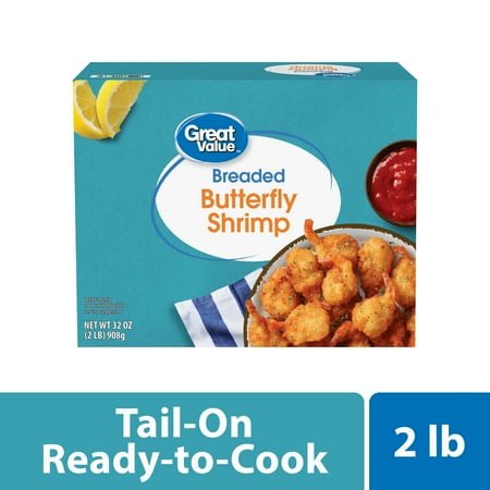 Great Value Frozen Ready to Cook Shrimp Seafood Breaded Butterfly, 32 oz Contains Shrimp, Wheat, Soy.