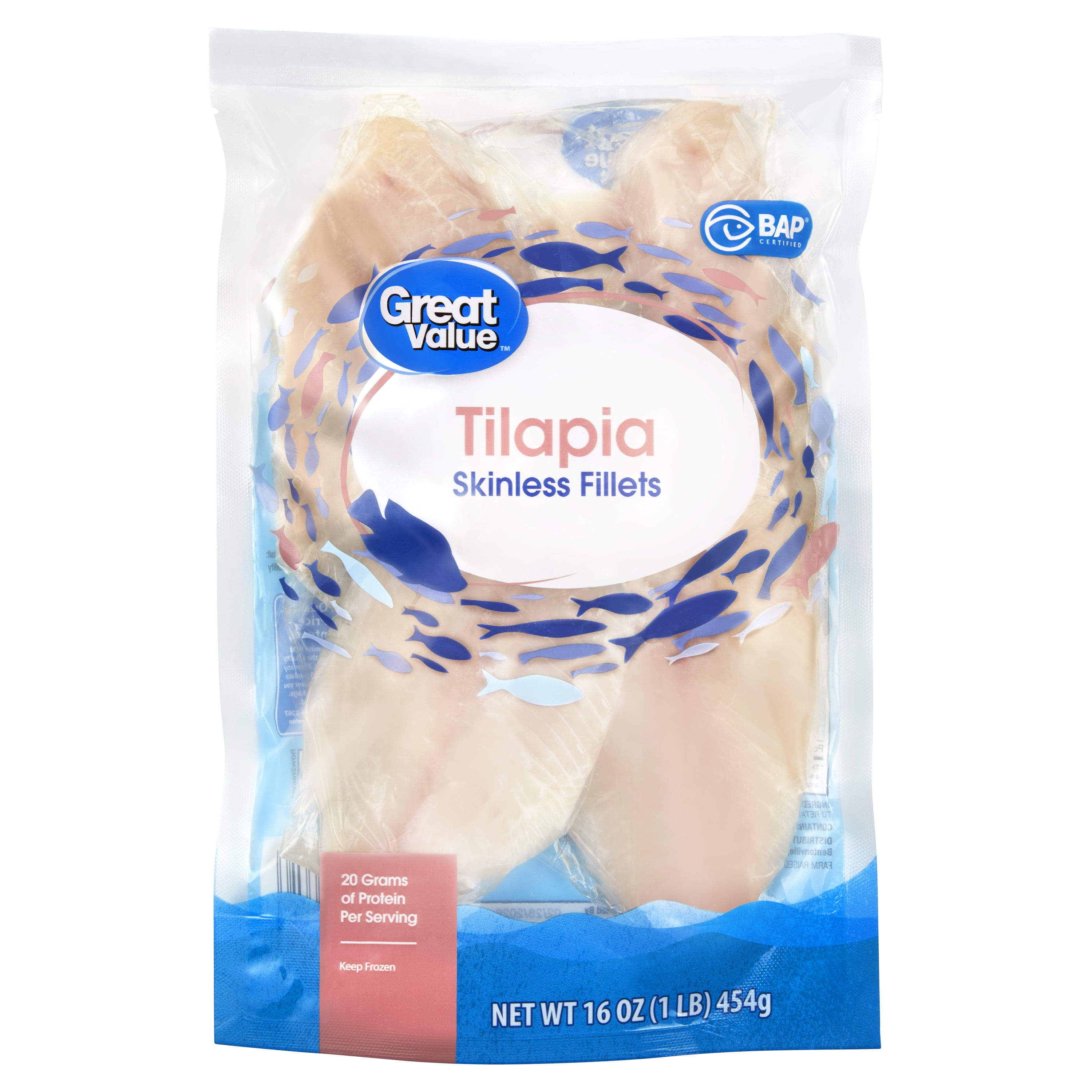 Great Value Frozen Tilapia Skinless & Boneless Fillets, 1 lb