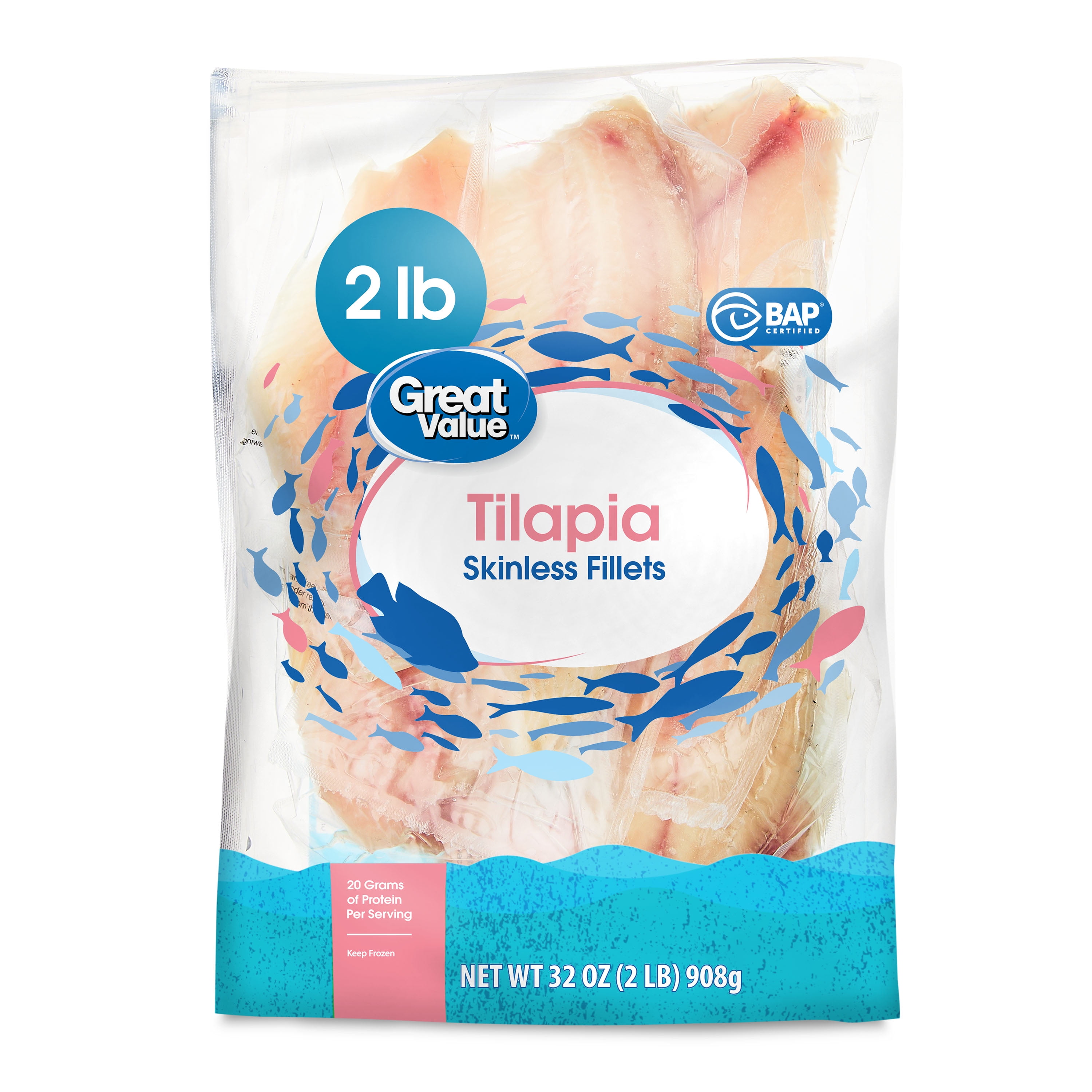 Great Value Frozen Tilapia Skinless & Boneless Fillets, 2 lb Bag