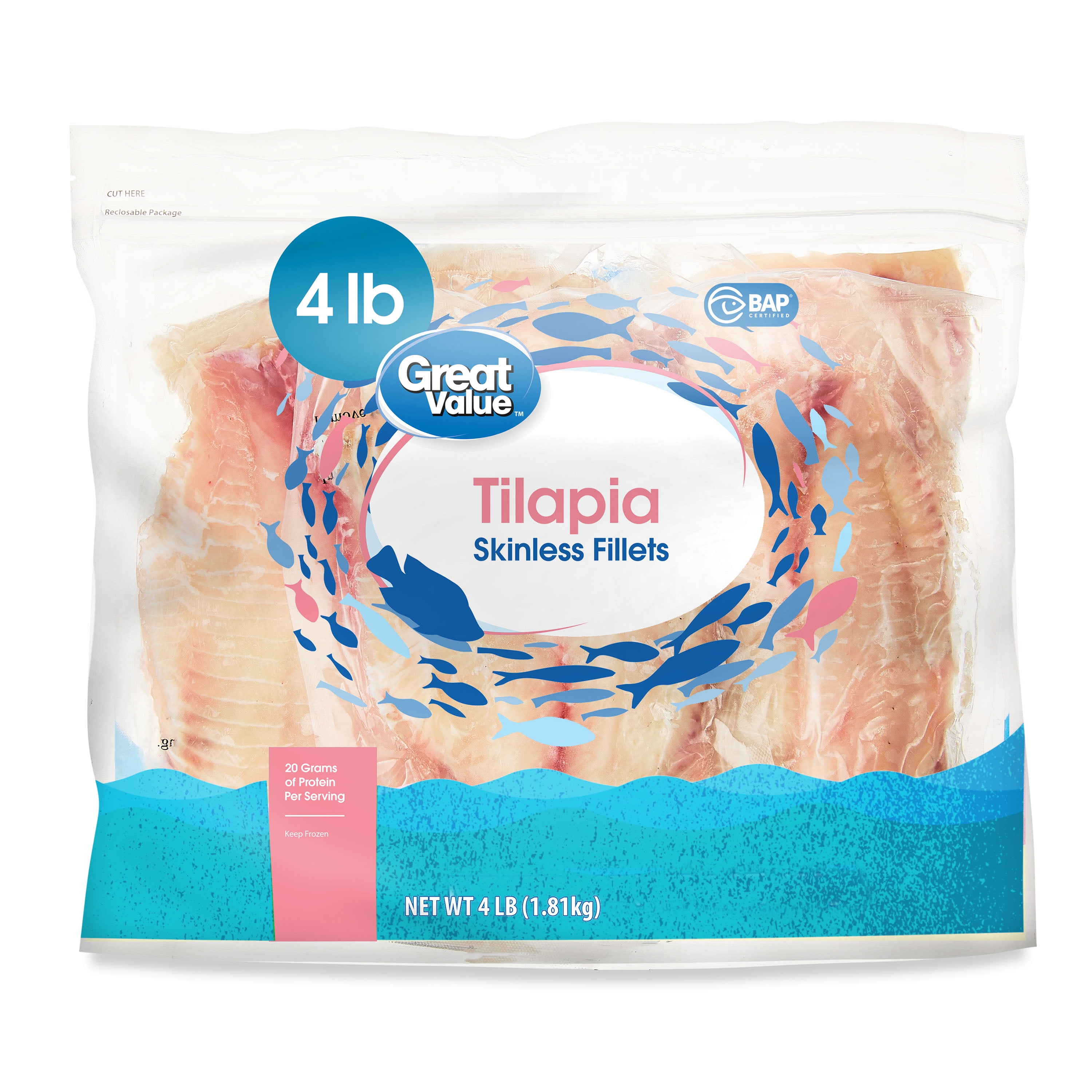 Great Value Frozen Tilapia Skinless & Boneless Fillets, 4 lb