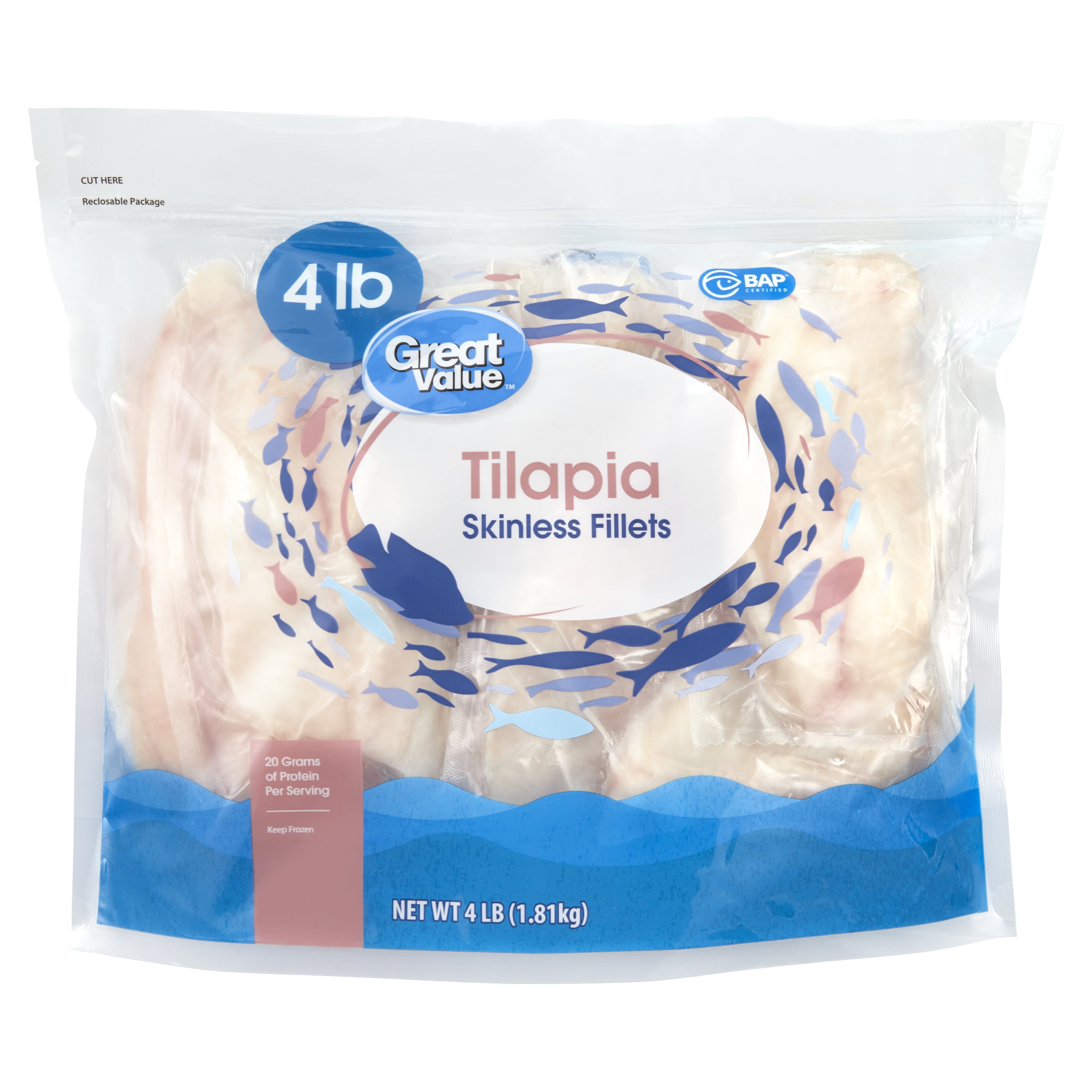 Great Value Frozen Tilapia Skinless & Boneless Fillets, 4 lb