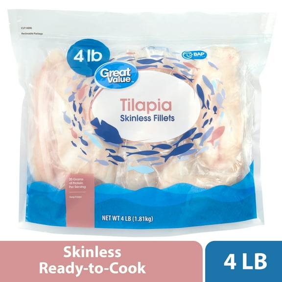 Great Value Frozen Tilapia Skinless and Boneless Fillets, 4 lb
