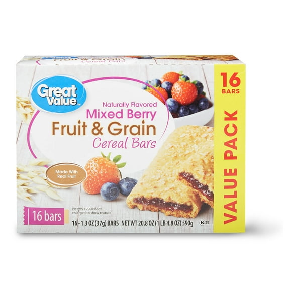 Great Value Fruit & Grain Cereal Bars, Mixed Berry, 1.3 oz, 16 Count