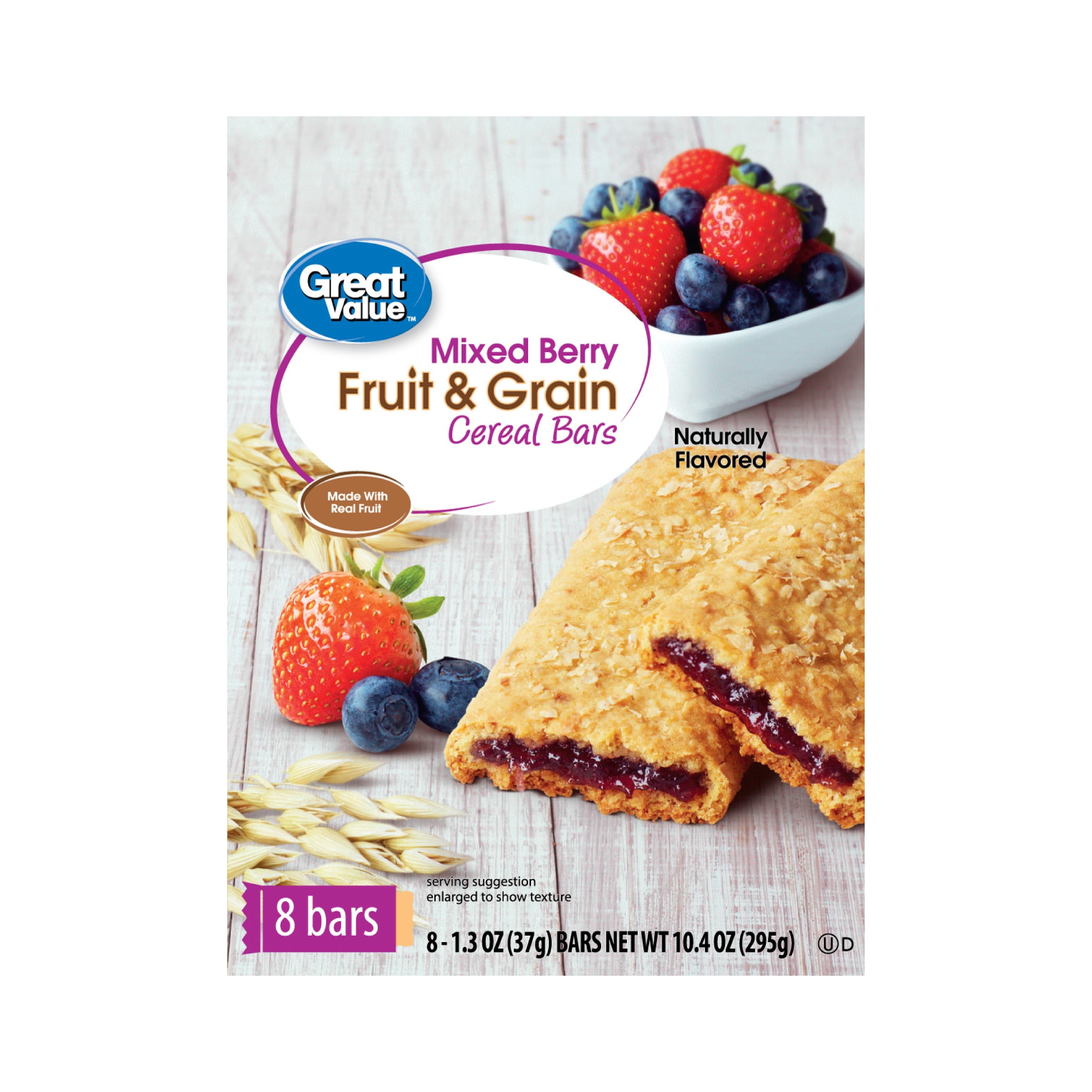 Great Value Fruit & Grain Cereal Bars, Mixed Berry, 10.4 oz, 8 Count