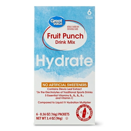 Great Value Fruit Punch Hydration Powdered Liquid Drink Mix, 0.56 oz, 6 Count