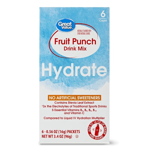 Great Value Fruit Punch Hydration Powdered Liquid Drink Mix, 0.56 oz, 6 Count
