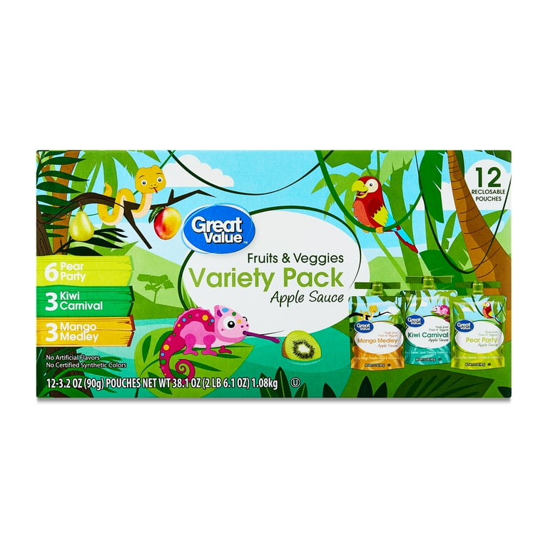Great Value Fruits and Veggies Variety Pack Applesauce, 3.2 oz, 12