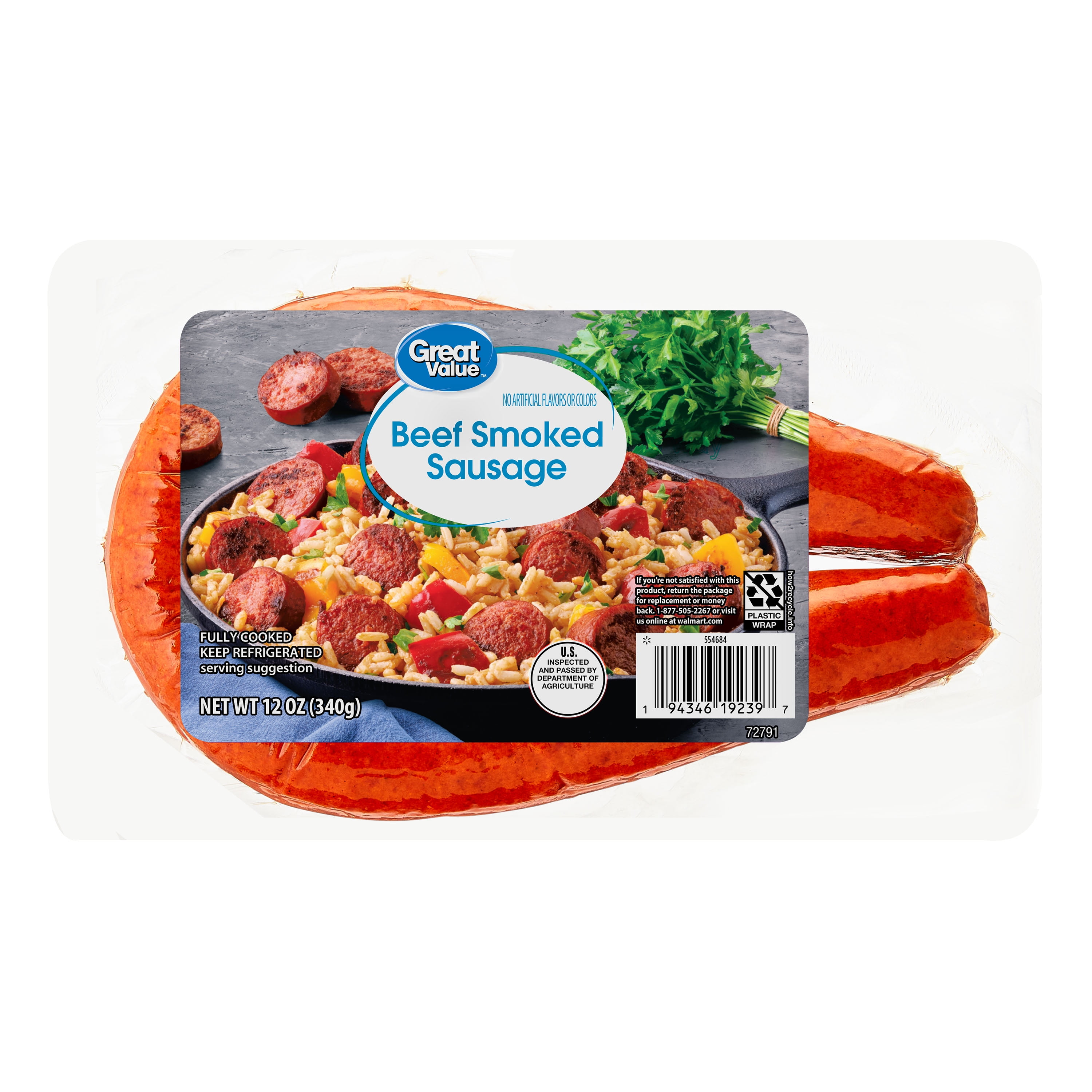Great Value Fully Cooked Beef Smoked Sausage, 12 oz Plastic Vacuum Pack (Refrigerated)