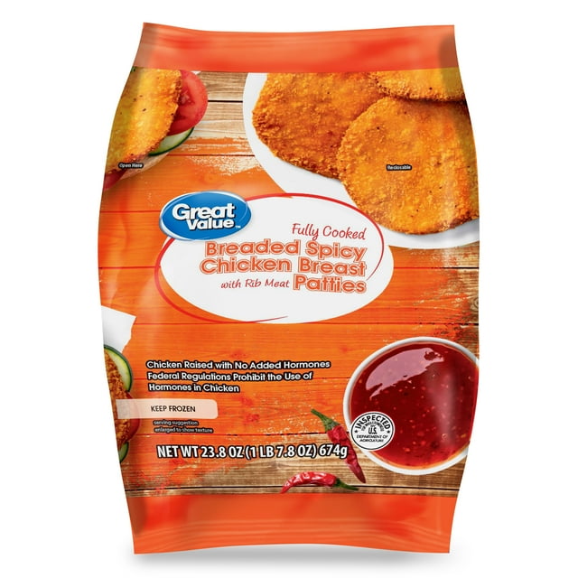 Great Value Fully Cooked Breaded Spicy Chicken Patties, 23.8 oz (Frozen
