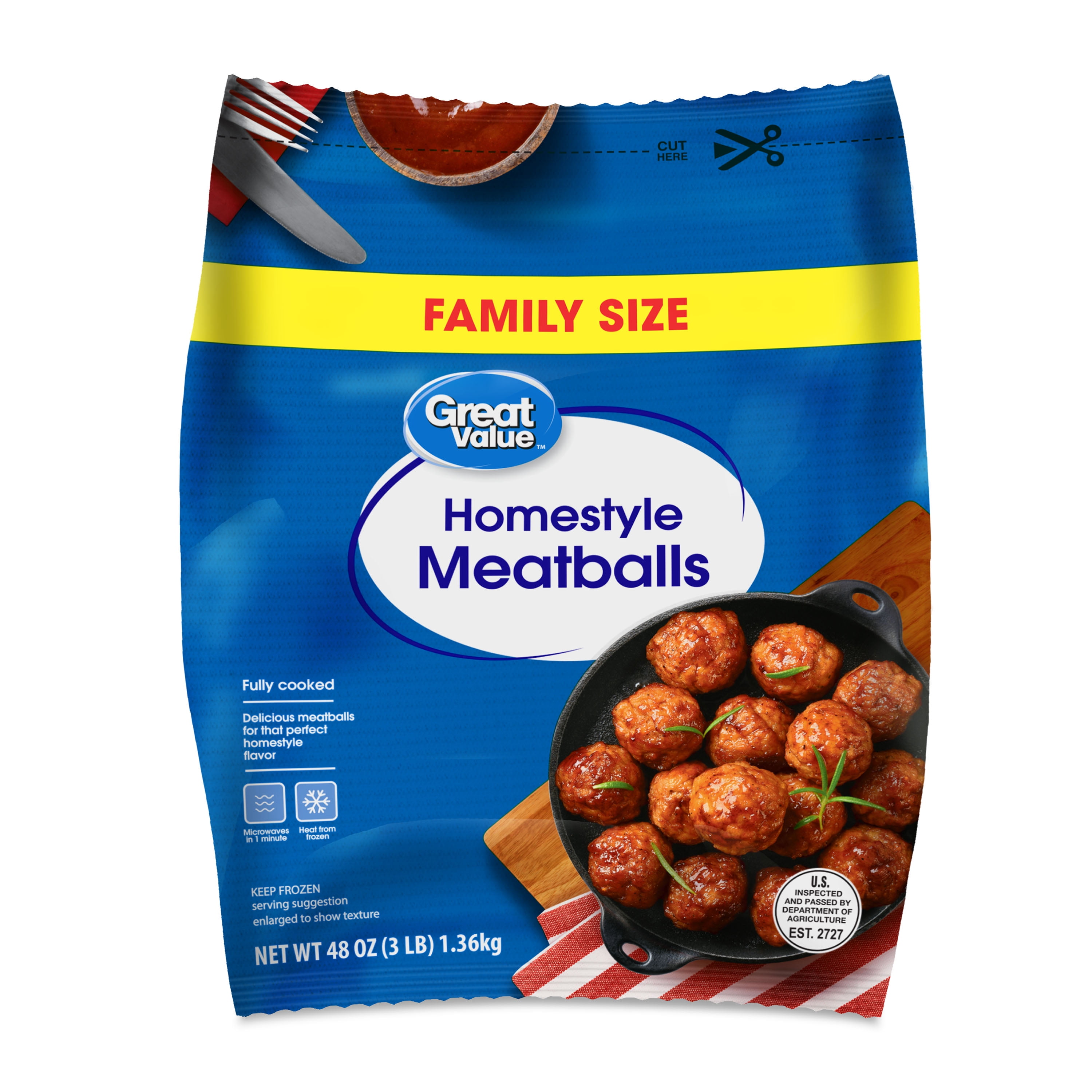 Great Value Fully Cooked Homestyle Meatballs, Family Size, 48 oz (Frozen)