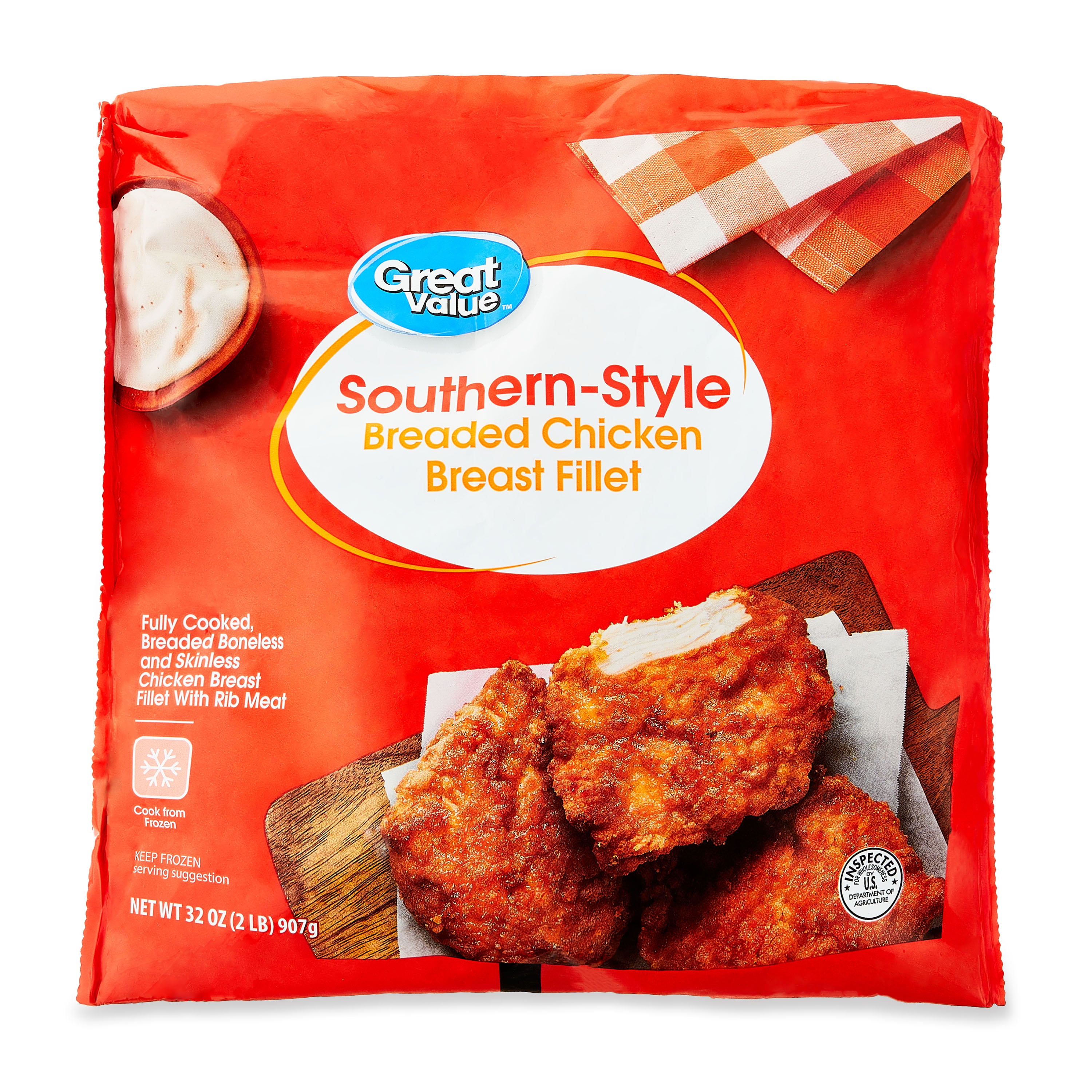 Great Value Fully Cooked Southern Style Chicken Breast Fillet, Whole, 32 oz  (Frozen)