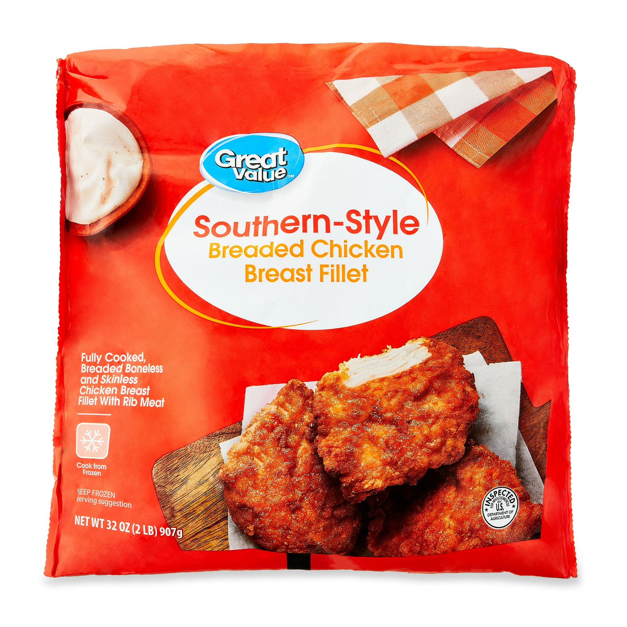 Great Value Fully Cooked Southern Style Chicken Breast Fillet, Whole, 32 oz (Frozen)