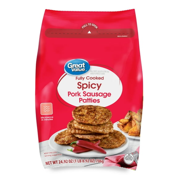 Great Value Fully Cooked Spicy Pork Sausage Patties, 24.92 oz (Frozen)