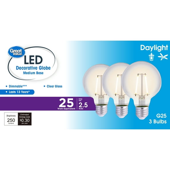 Great Value G25 LED Bulb, 2.5-Watt (25W Equivalent) Daylight Decorative Globe E26 Base Dimmable - 3 Pack
