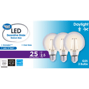 Great Value G25 LED Bulb, 2.5-Watt (25W Equivalent) Daylight Decorative Globe E26 Base Dimmable3 Pack