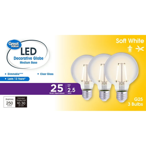 Great Value G25 LED Bulb, 2.5-Watt (25W Equivalent) Soft White Decorative Globe E26 Base Dimmable3 Pack