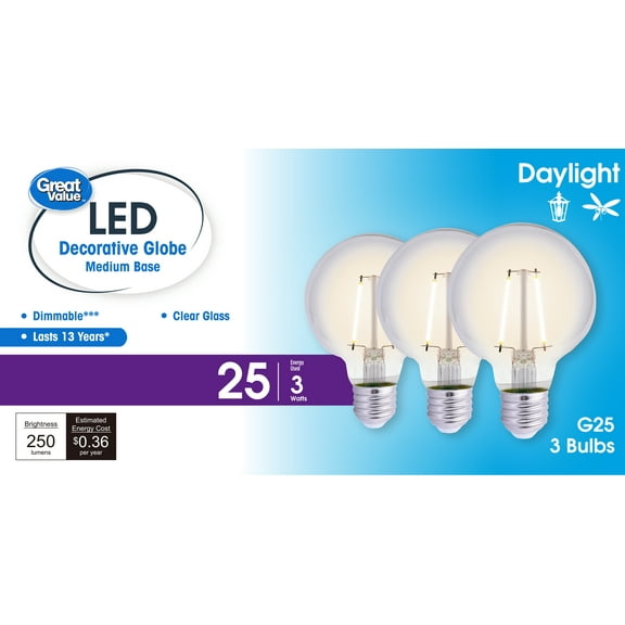 Great Value G25 LED Bulb, 3-Watt (25W Equivalent) Daylight White Dimmable E26 Base, 3-Pack (Title 20)