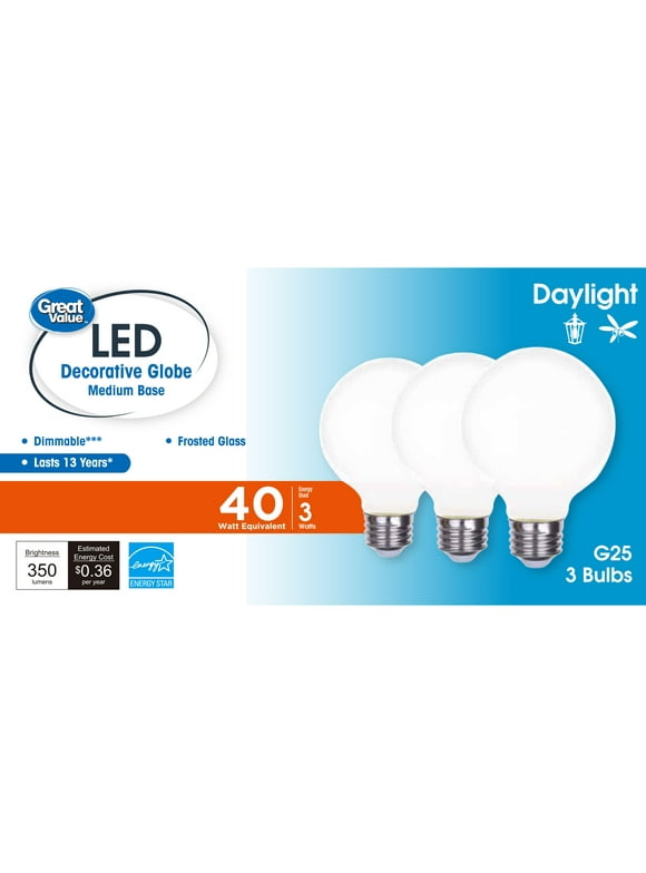 Great Value G25 LED Bulb, 3-Watt (40W Equivalent) Daylight Decorative Globe E26 Base Dimmable3 Pack