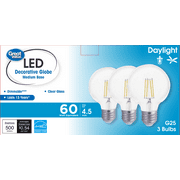 Great Value G25 LED Bulb, 3-Watt (60W Equivalent) Daylight Decorative Globe E26 Base Dimmable3 Pack