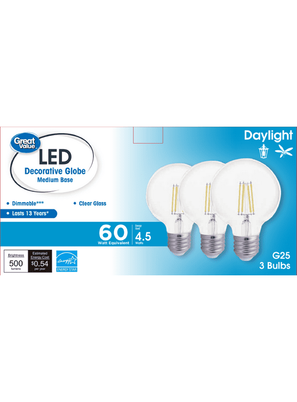 Great Value G25 LED Bulb, 3-Watt (60W Equivalent) Daylight Decorative Globe E26 Base Dimmable3 Pack