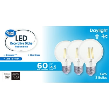 Great Value G25 LED Bulb, 3-Watt (60W Equivalent) Daylight Decorative Globe E26 Base Dimmable - 3 Pack