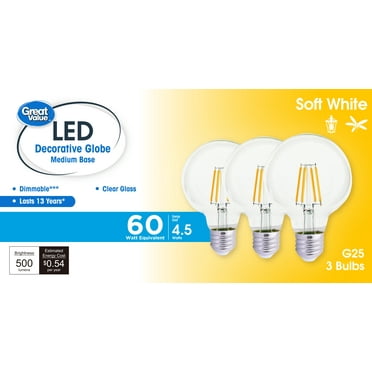 Great Value G25 LED Bulb, 4.5-Watt (60W Equivalent) Soft White Decorative Globe E26 Base Dimmable3 Pack