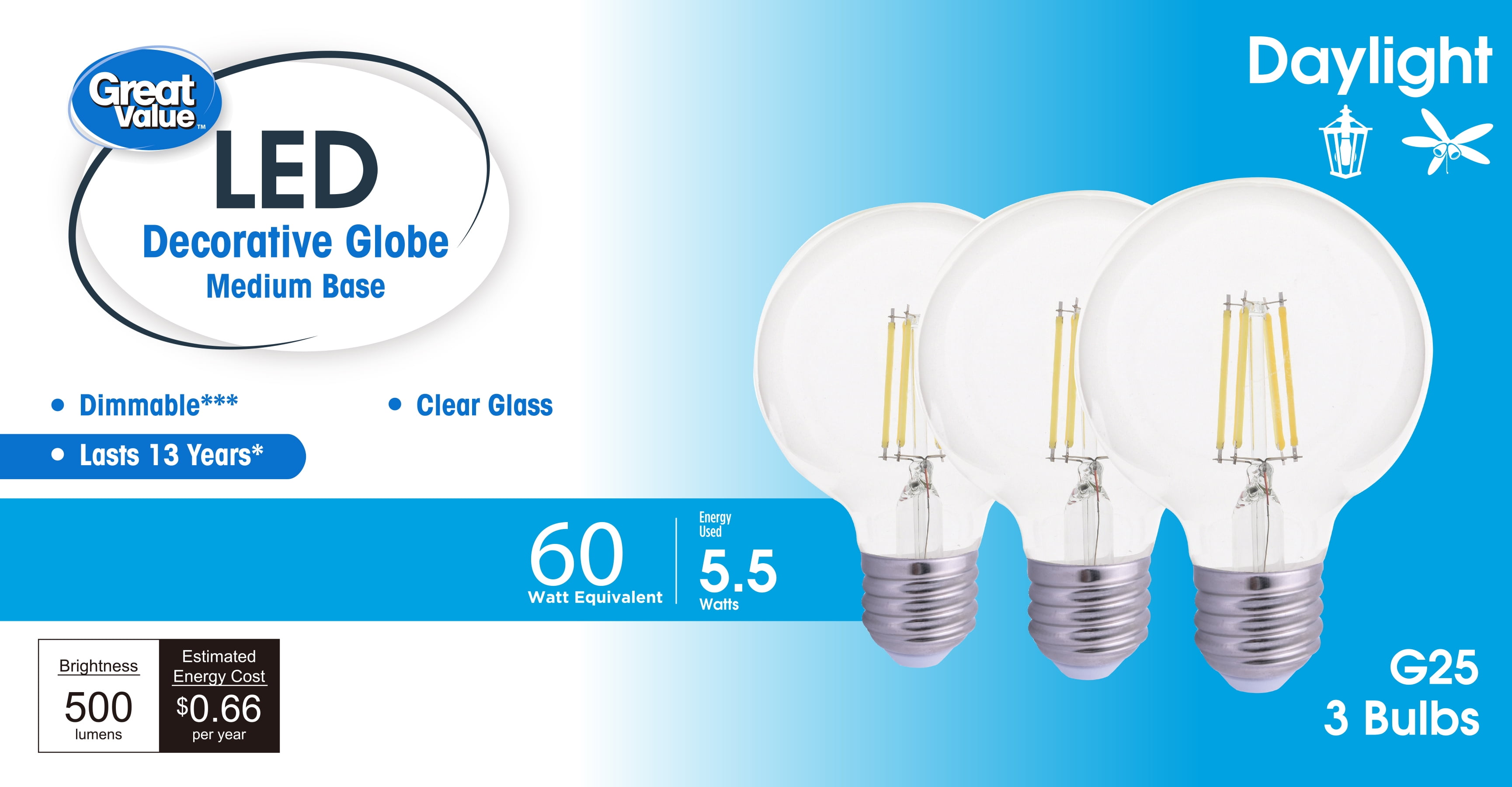Great Value G25 LED Bulb, 5.5W (60W Equivalent), Daylight White, Dimmable, E26 Base, 3-Pack, Title 20
