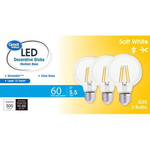 Great Value LED Bulb, 5.5-Watt (60W Equivalent) G25 Deco Bulbs E26 Base, Soft White, 3-Pack, CA