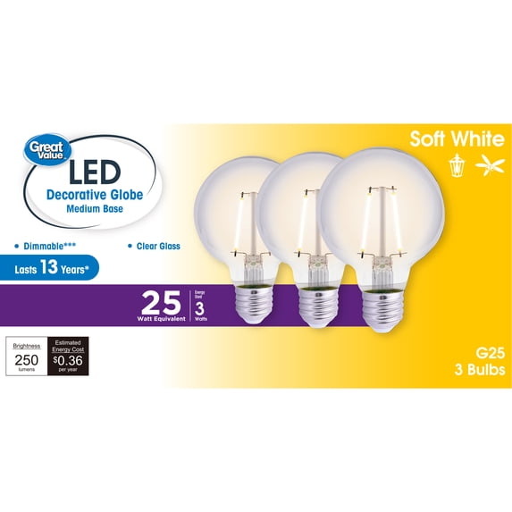 Great Value G25 LED Light Bulb, 3-Watt (25W Equivalent) Soft White Dimmable E26 Base, 3-Pack (Title 20)