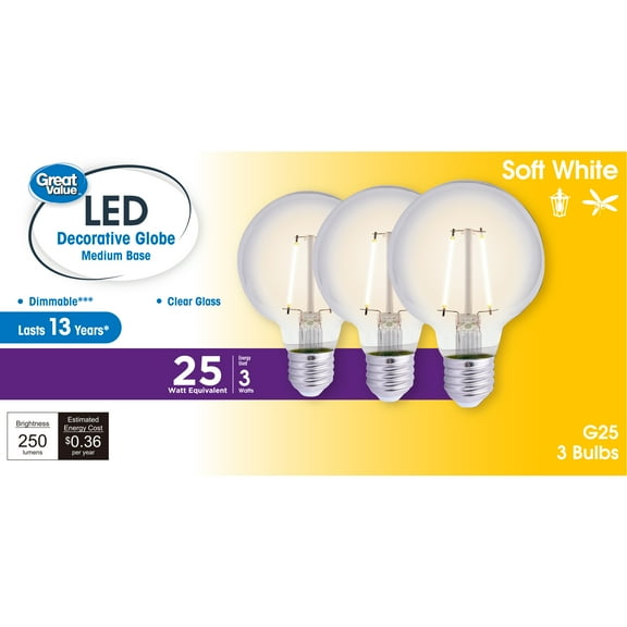 Great Value G25 LED Light Bulb, 3-Watt (25W Equivalent) Soft White Dimmable E26 Base, 3-Pack (Title 20)