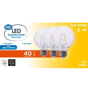 Great Value G25 LED Light Bulb, 3W (40W Equivalent), Soft White, Decorative Globe, E26 Medium Base, Dimmable, 3 Pack