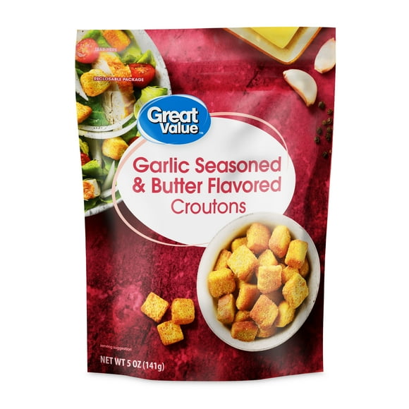 Great Value Garlic & Butter Seasoned Croutons, 5 oz Resealable Bag