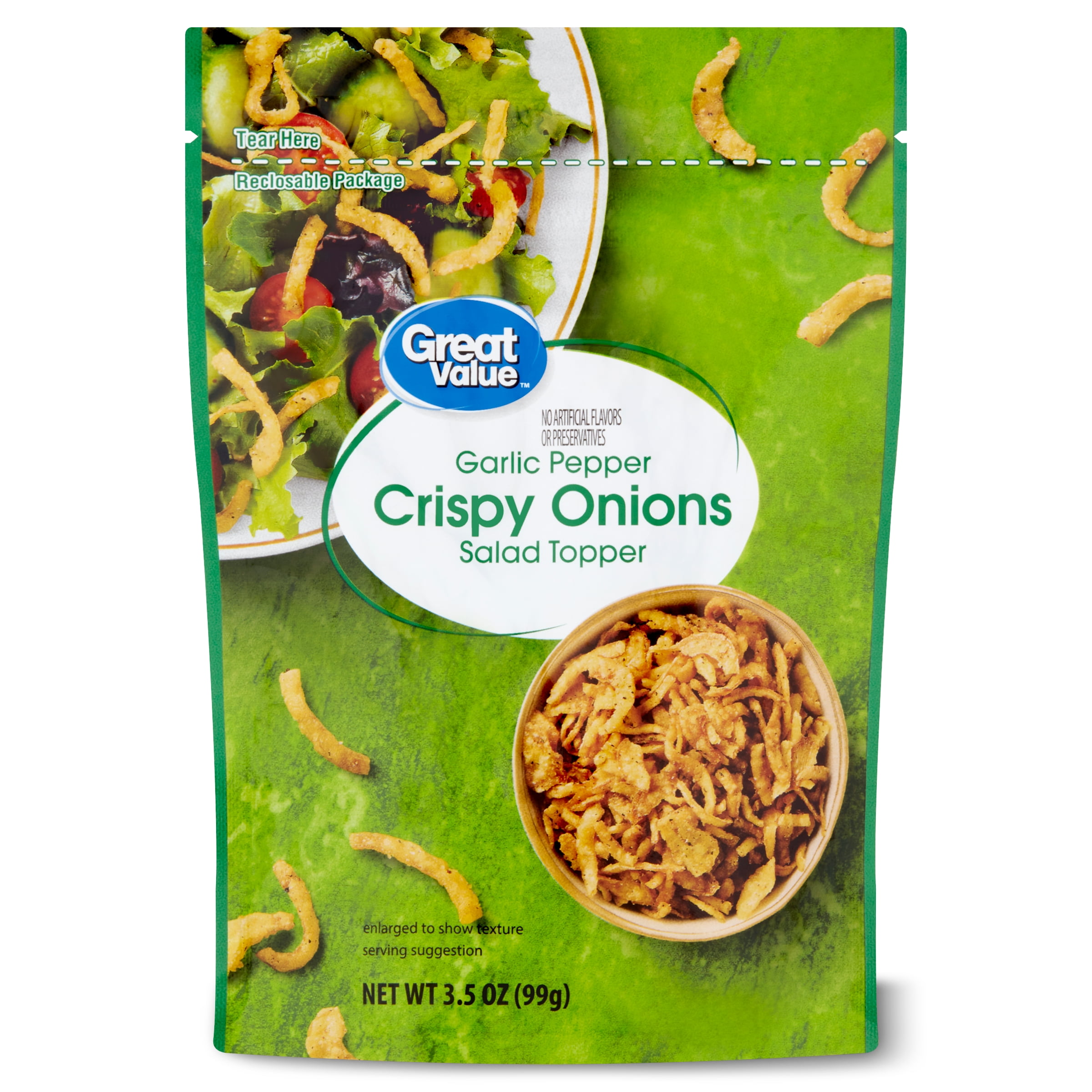 Great Value Garlic Pepper Crispy Onions Salad Topping, 3.5 oz Resealable Bag
