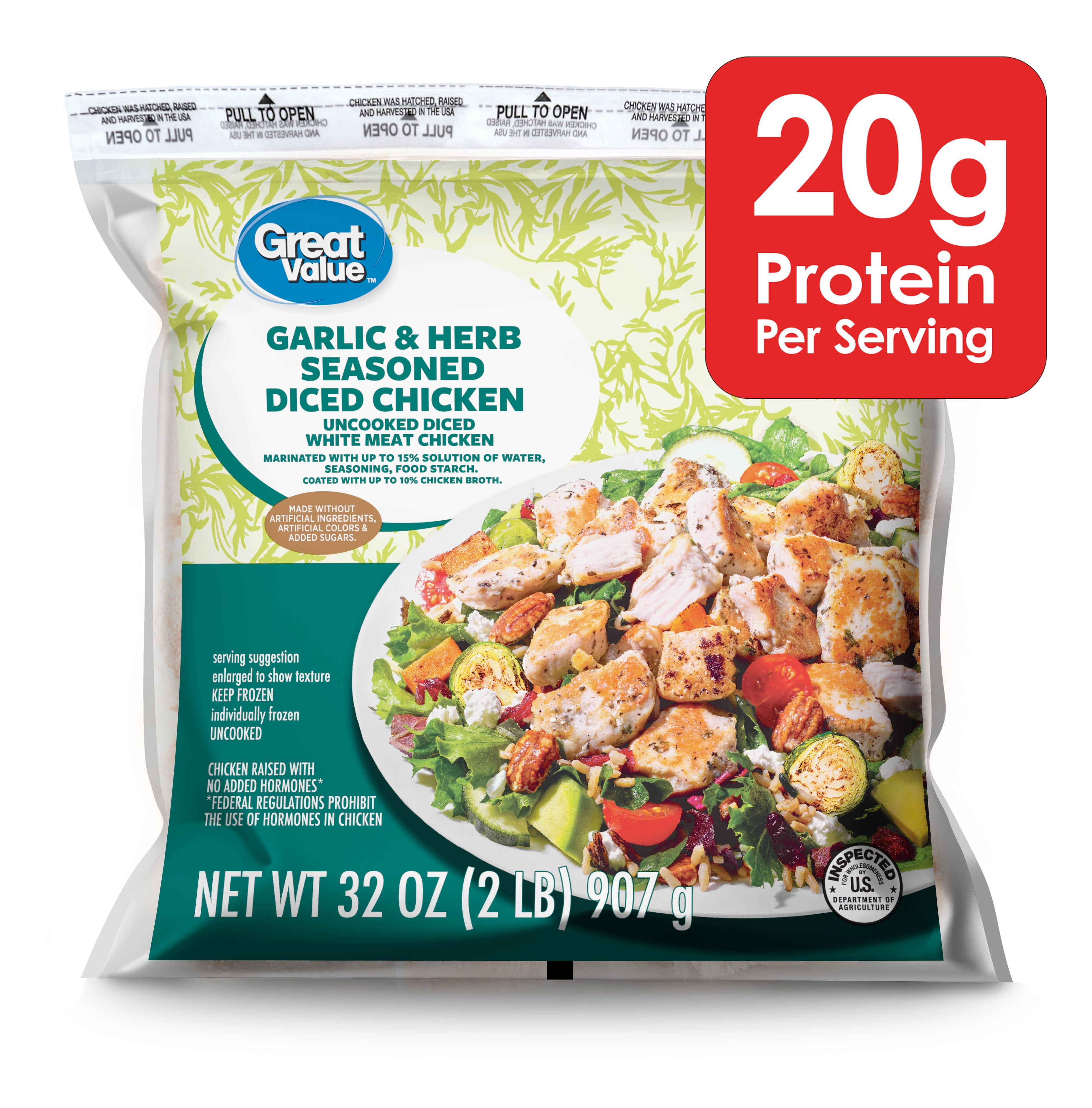 Great Value Garlic and Herb Seasoned Diced Chicken Breast, 2lb (Frozen)