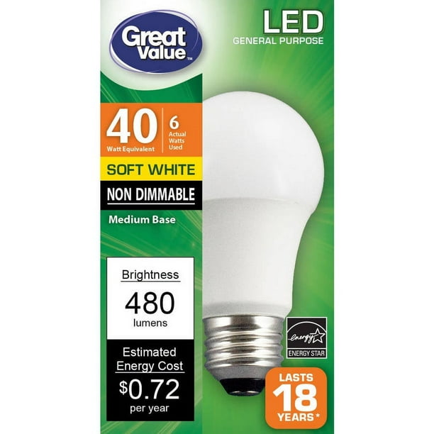 Great Value General Purpose LED Light Bulbs, 6W (40W Equivalent), Soft ...