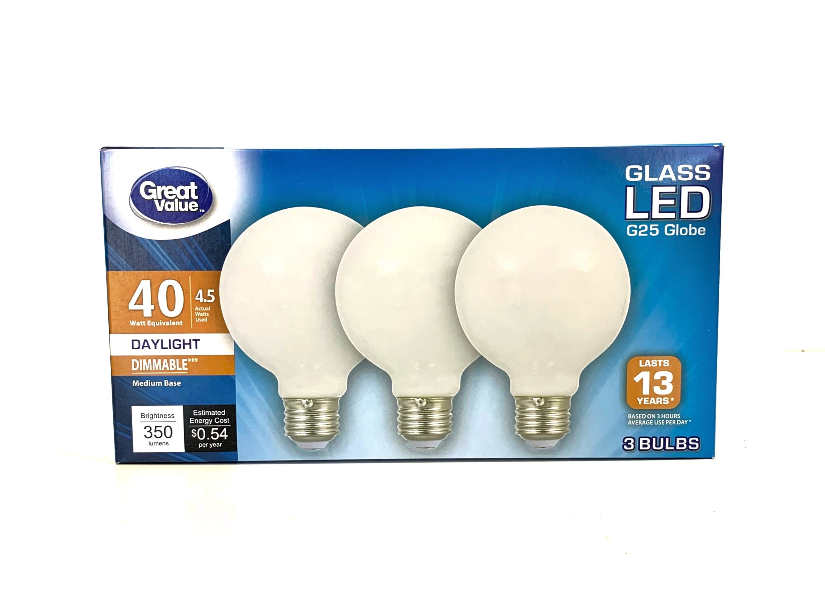 Great Value Glass LED G25 Globe Light Bulbs, 40W, Daylight, 3 Count