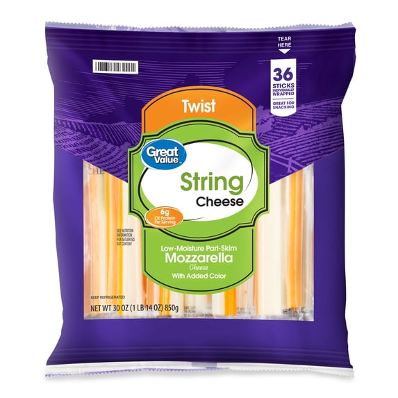 Great Value Low-Moisture Part-Skim Mozzarella Twist String Cheese, 30 oz Bag, 36 Sticks