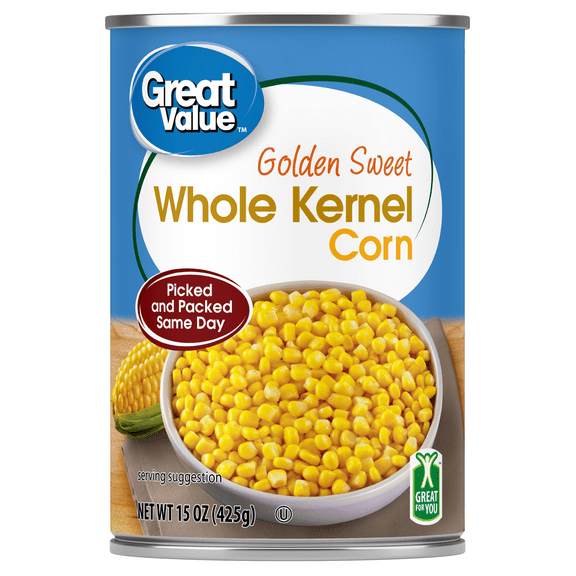 Great Value Golden Sweet Whole Kernel Corn, Canned Corn, 15 oz Can