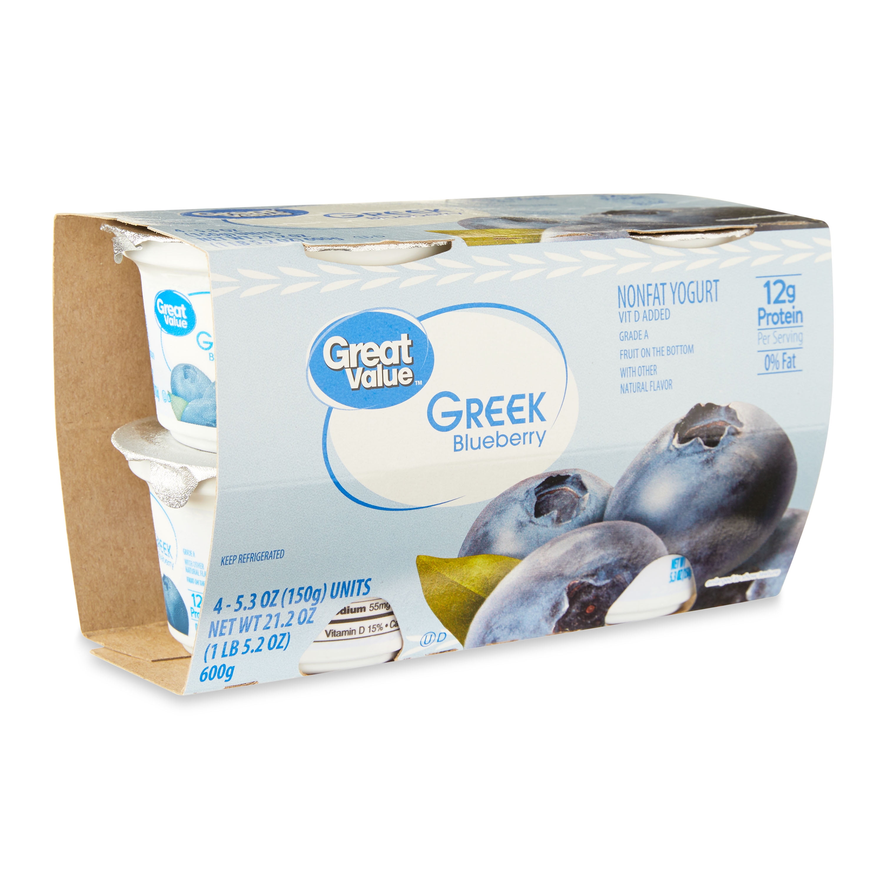 Great Value Greek Blueberry Non-Fat Yogurt, 5.3 oz Cups, 4 Count
